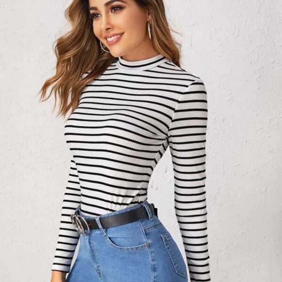 Mock-Neck Rib-Knit Fitted Striped Long-Sleeve - Picture 1 of 3